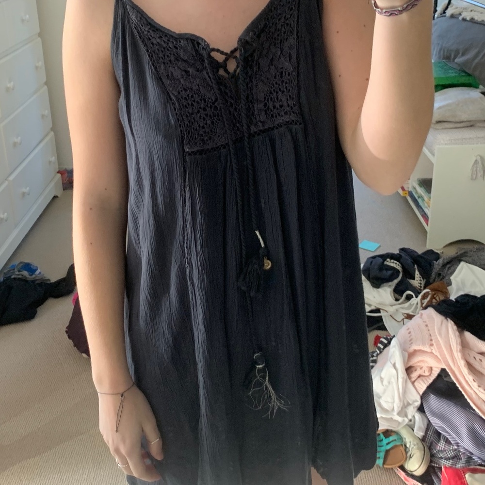 grey dress with lace and tie details